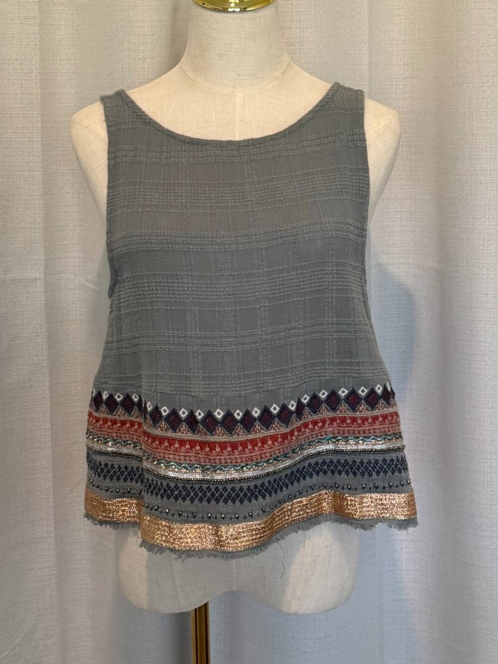Ecote Boho Embellished Cotton Tank - Green & Gold Festival Top S